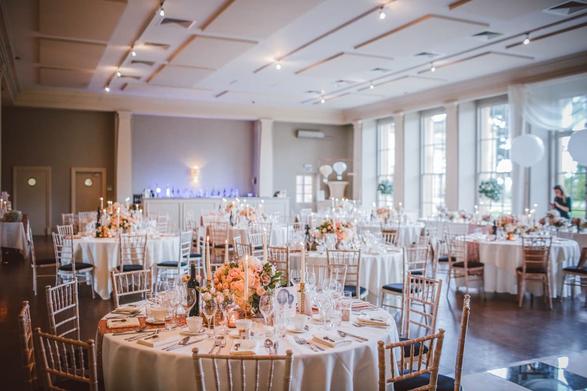 The ballroom, set for a reception